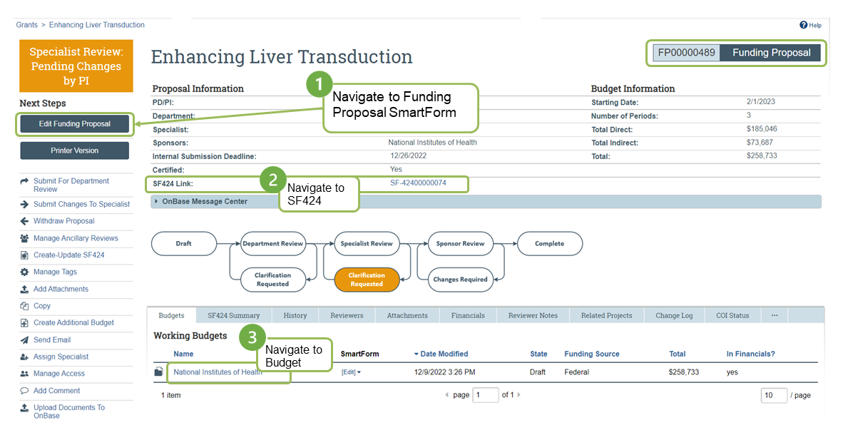Screenshot of CERES funding proposal with annotated UI navigation elements.