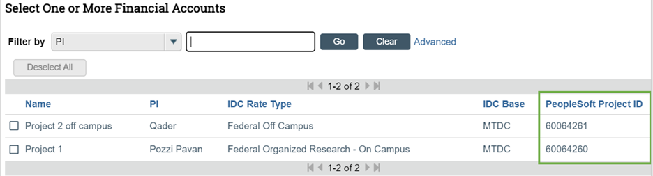 Screenshot of where to locate PeopleSoft Project IDs